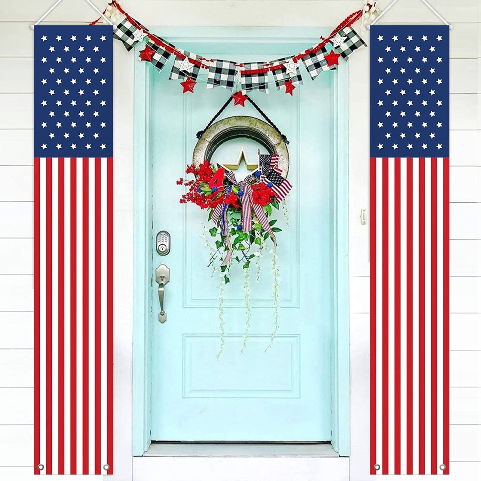 4th of July Decorations Outdoor - Hanging American Flag Banners Stars and Stripes Porch Sign -Patriotic Decor Party Supplies for July Fourth Memorial Day Independence Labor - Red White Blue (2 Pcs)