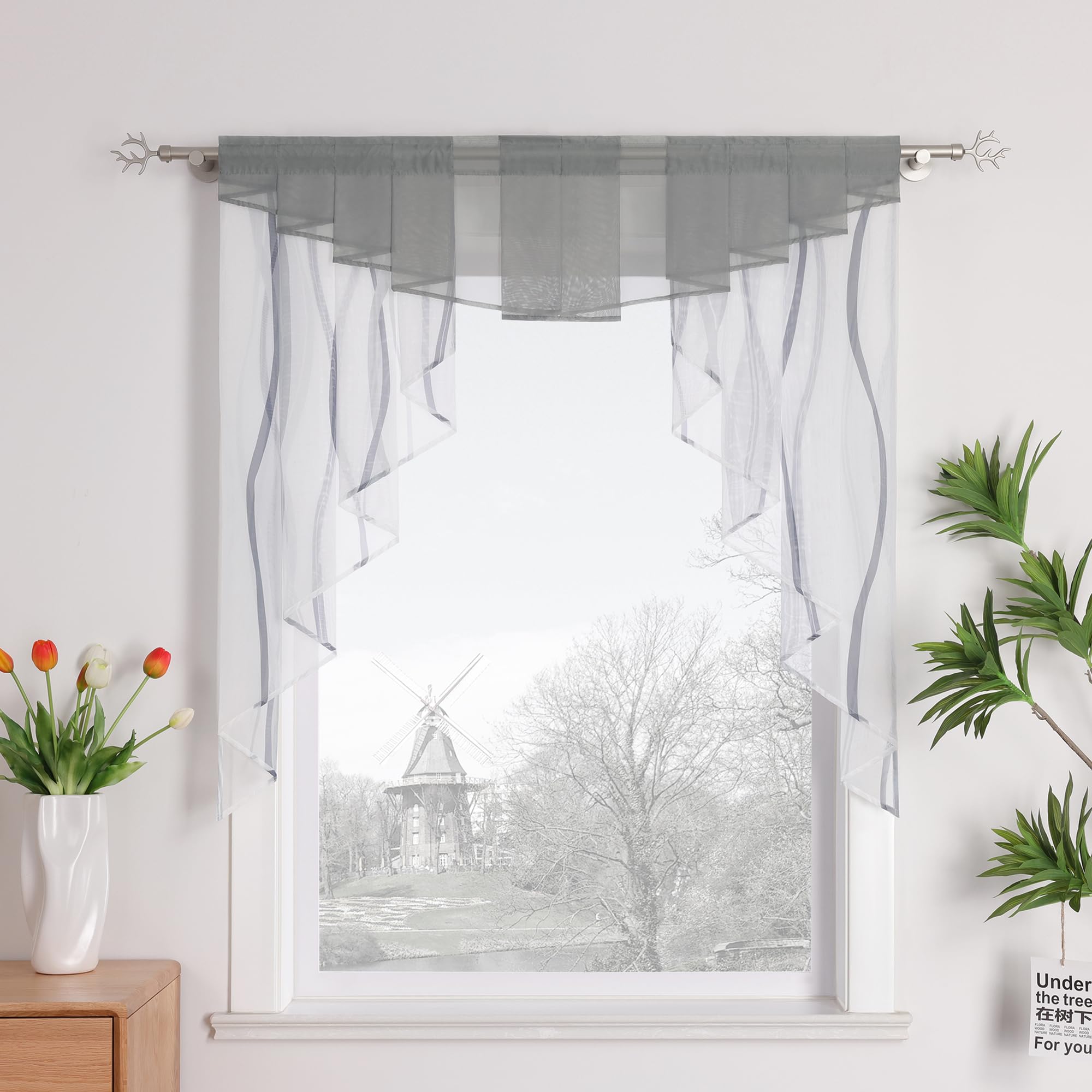 HongYa Drawstring Net Curtain Transparent Voile Short Curtain for Small Windows H 145/120 cm White Silver