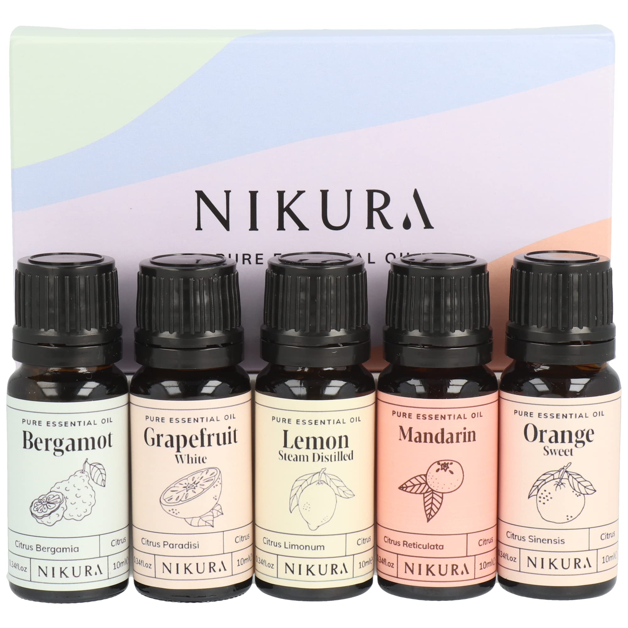 Nikura Citrus Essential Oil Gift Set | for Diffusers for Home, Clean, Skincare, Anxiety | Bergamot, Grapefruit, Lemon, Mandarin, Orange | Aromatherapy, Candle Scents, Soap Making | 5 x 10ml | UK Made