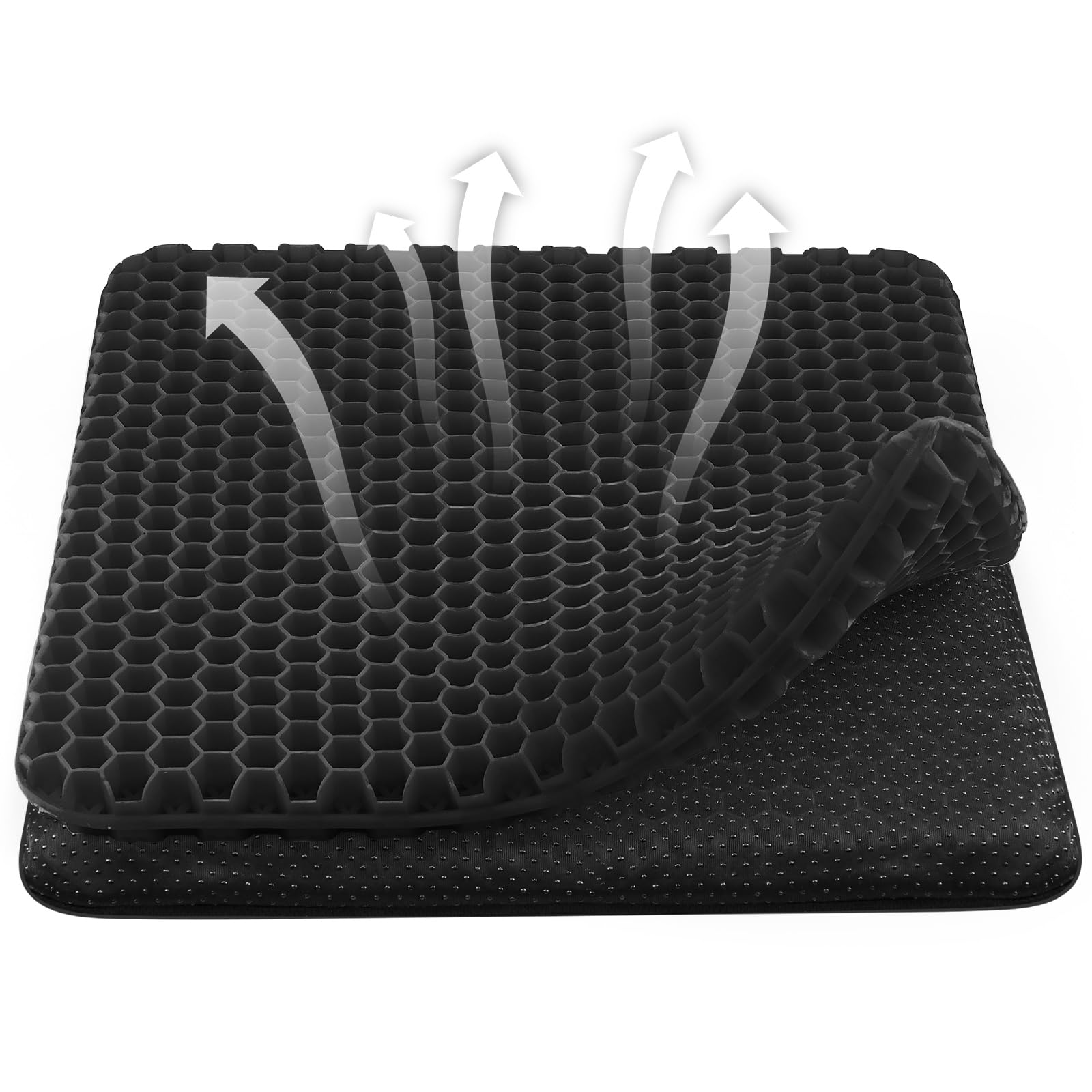 wiksite Gel Seat Cushion, Honeycomb Design Double Thick Gel Cushion with Cloth Cover Ergonomic & Cool Seat Cushion for Home Office Chair Car Wheelchair Sitting Seat Cushion, Black