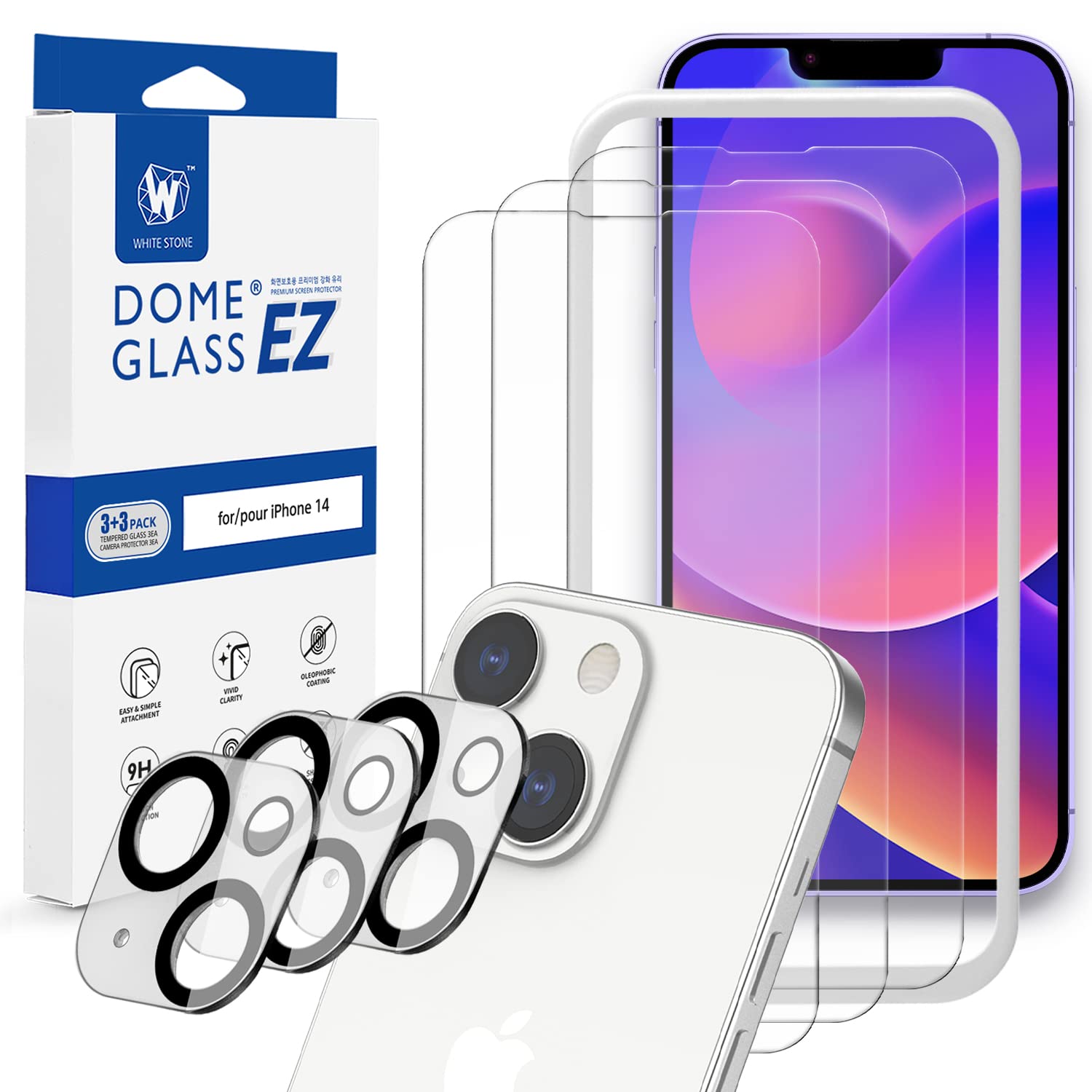 [Whitestone EZ] Glass 3pck + Cam 3pck [Dome Clear Glass EZ] Full Coverage Tempered Glass Shield [Easy Install- JIG type included] by Whitestone for Apple iPhone 14 - Three Pack (iPhone 14 (6.1")