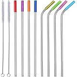 ALINK 10.5" Long Stainless Steel Straws, Set of 8 Reusable Replacement Metal Straws with Silicone Tips and Cleaning Brush
