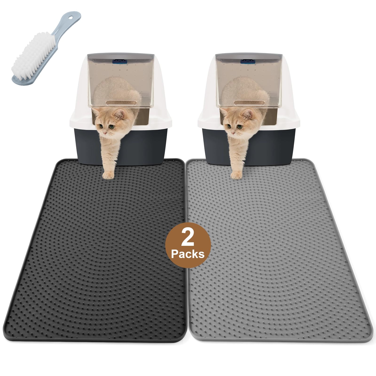 Odoland Cat Litter Mat, 2PCS Litter Trapping Mat Scatter Control Silicone Pet Litter Mat Waterpoof Non-Slip Washable Kitten Cat Mat for Toilet (Gray&Black)