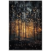 Retro Forest Wall Art Rustic Botanical Landscape Print Decor Nature Tree Canvas Unique Firefly Pictures Cottagecore Dark Aesthetic for Country Bedroom Living Room Office Farmhouse 16x24inch Unframed