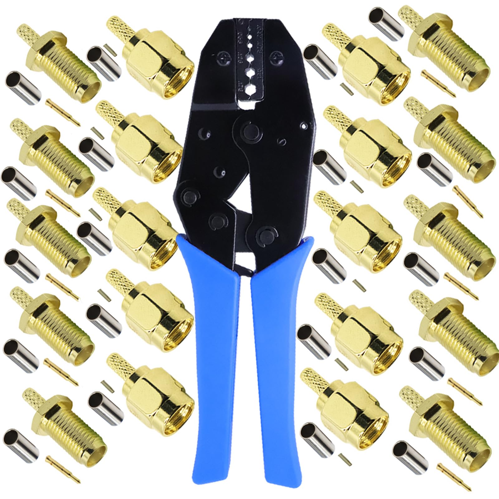 Kagni Coaxial Cable Crimping Pliers, Blue, with 10x RP-SMA Male, 10x RP-SMA Female Connectors & SMA Crimping Tool for RG174, RG316 Wifi Antenna Extension Cable