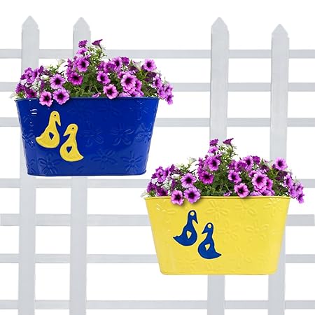 TrustBasket Duck Designer Oval Railing Planters - Set of 2 (Blue and Yellow)