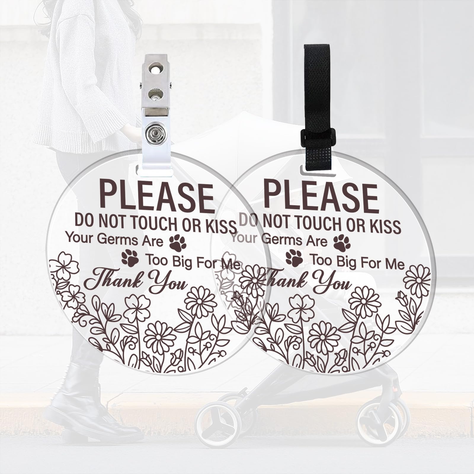 FREEBLOSS 2 Pack No Touch Baby Signs - Stroller Tag - 4 Hanging Straps & Clips - Clear Flower Lines Pattern - Acrylic Material - Gift for Newborns