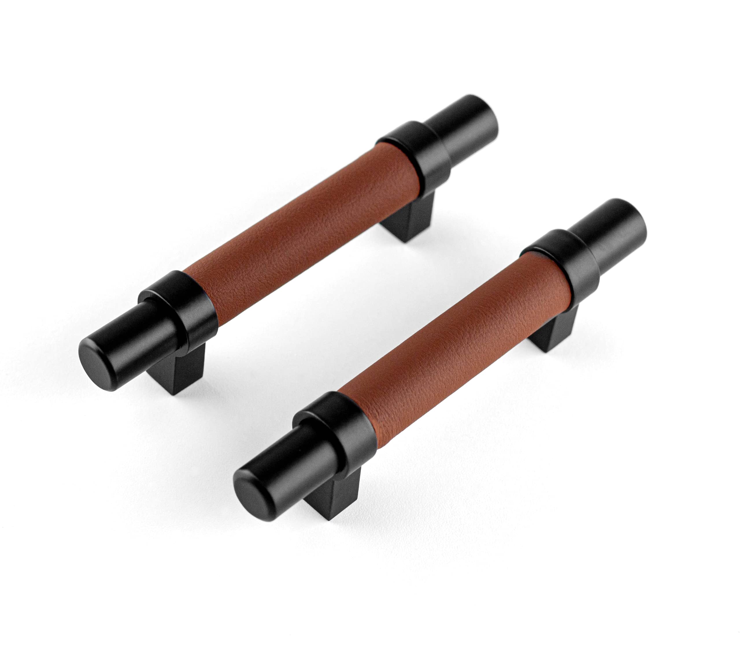 Brute Strength - Furniture Handles - Steel & Full Grain Leather - 76mm Hole Spacing - Black & Brown - Pack of 12 - Cabinet Handle Door Handle for Kitchen, Bathroom, Cabinets, Dresser, Wood