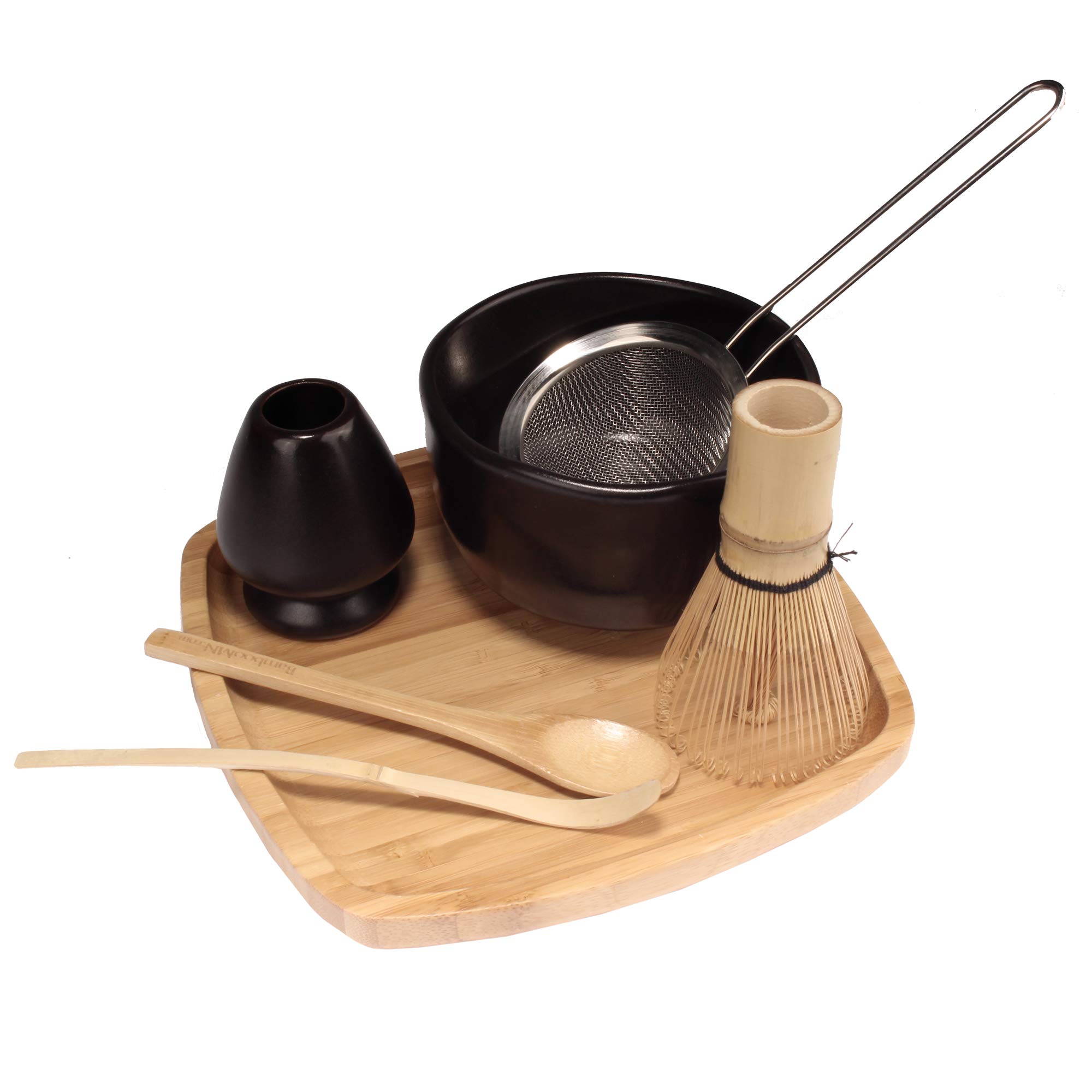 Japanese Ceremonial Matcha Green Tea Whisk Set - Golden Chasen Whisk, Chashaku, Tea Spoon, Black Bowl, Black Rest, Strainer, Tea Tray