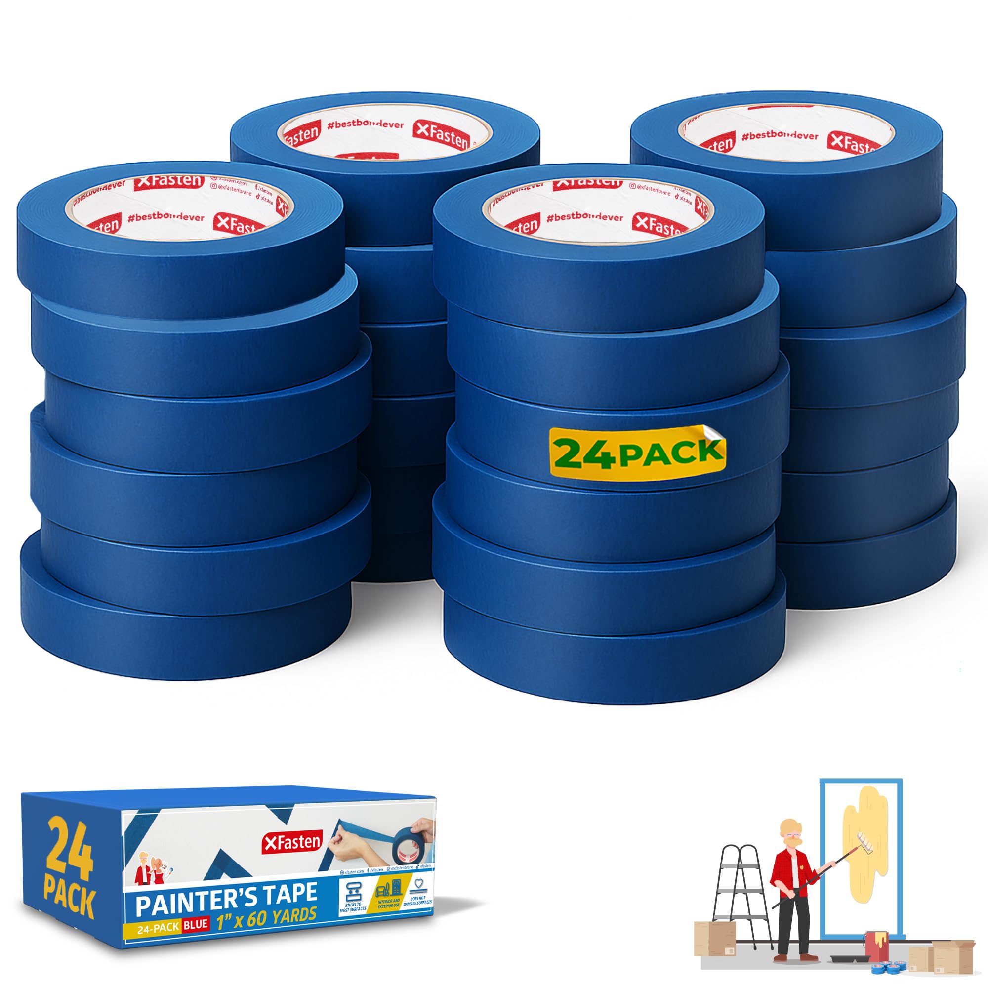 Photo 1 of XFasten Blue Painters Tape 1 Inch Wide x 60 Yards 24-Pack Bulk, UV Residue-Free Blue Masking Tape for Clean Lines, Indoor and Outdoor Multi-Surface Use - Sharp Paint Lines for Walls, Easy Removal