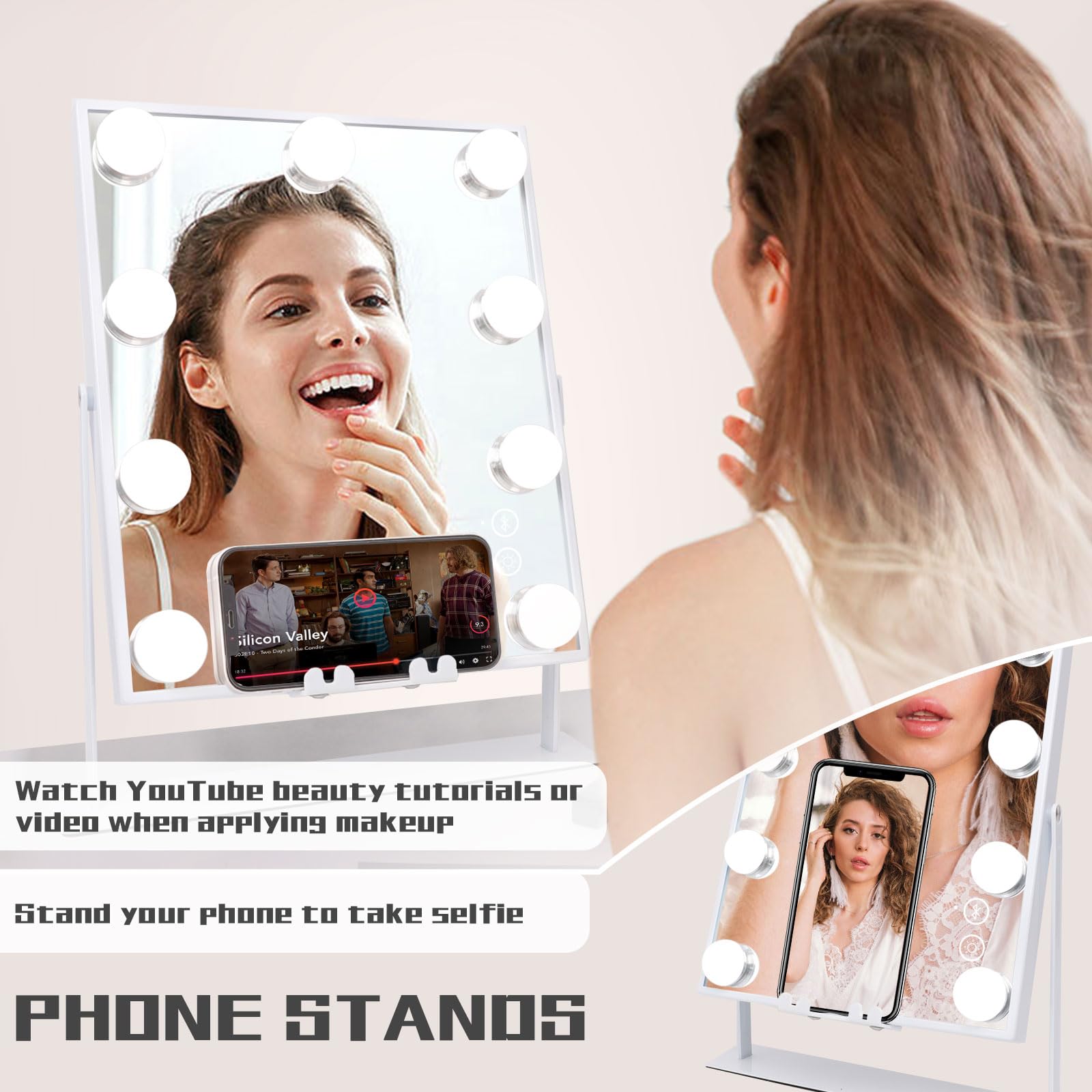 COOLJEEN Vanity Mirror with Lights and Bluetooth, Wireless Charging Lighted Vanity Mirror with Phone Stand, 9-Bulb 3 Color Lighting Tabletop Lighted Makeup Mirror, 360°Rotation