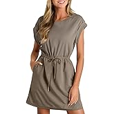 BLENCOT Womens Casual Spring Summer Drawstring Mini Dress Knit Patch Color Short Sleeve Crewneck Shirt Dress with Pockets