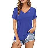 Amoretu Womens Tshirts V Neck Short Sleeve Tops Tee Solid Color Blouse