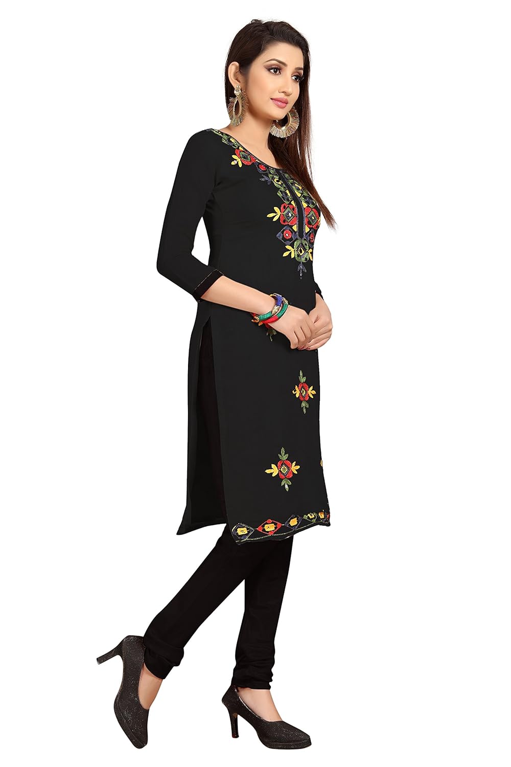 sretan women's chanderi cotton unstitched embroidered dress material, free size (black)