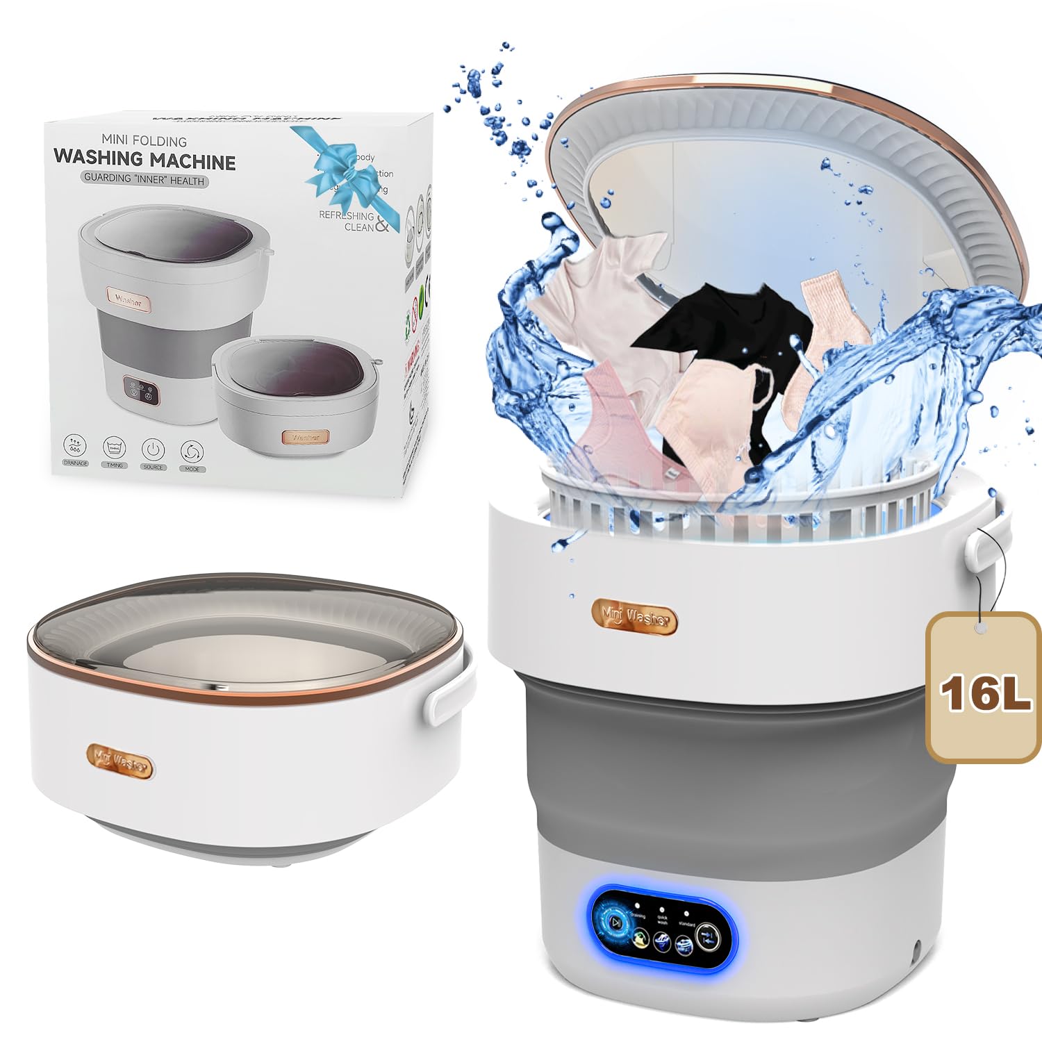 Portable Washing Machine, 16L New Updated Small Washing and Dryer Machine, Collapsible Mini Washer with Spin for Travel, Apartment, Baby Clothes, Socks (Grey)