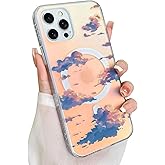 Heaofei Cute Case for iPhone 12 & 12 Pro Case for Women Girls [ Compatible with Magsafe ] Aesthetic Cloud Pattern Design, Girly Glitter Sparkly Bling Protective Phone Cover, Iridescent Sun Set Sky