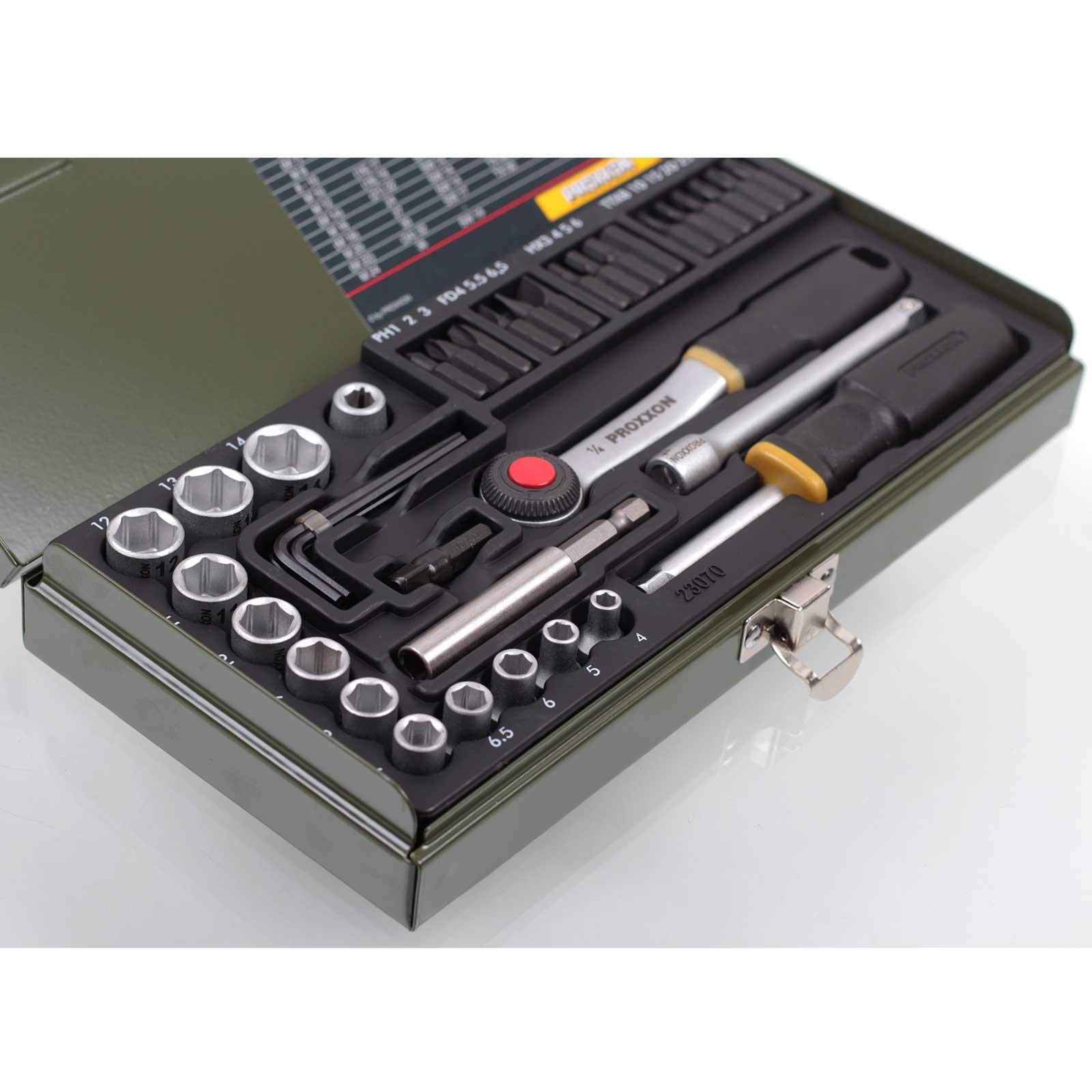 Proxxon Steckschlüsselsatz, Schraubersatz mit 1/4"-Umschaltratsche, Schraubendrehergriff und Magnethalter, 39-teiliges Werkzeug-Set mit Stahlkasten, 23070 5