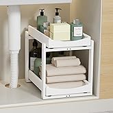 Bamboo Under Sink Organizer and Storage, 1 Pack Pull Out Cabinet Organization, 2 Tier Vertical Slide Out Undersink Storage Shelf, Multi-Purpose Organizer Shelves for Kitchen Bathroom Medicine, White