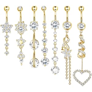 Pdrocus 7 Pcs Gold Dangle Belly Button Rings for Women - 14G Navel Piercing Jewelry Set CZ Heart Flower Curved Barbell Belly