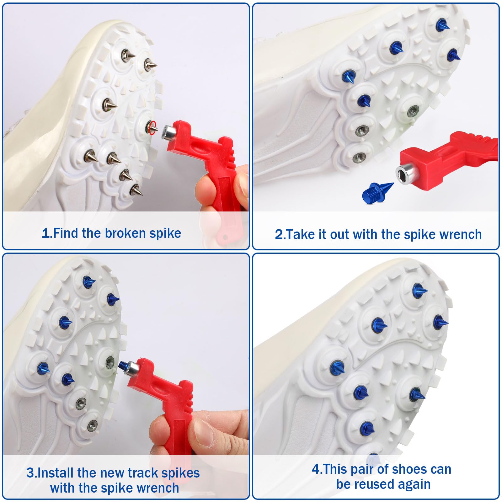 JULMELON 1/4 Inch Carbon Steel Track Spikes, 60PCS Lighter Weight Carbon Spikes with Spike Wrench for Track Shoes Field Sprinting Cross Country Short Running Replacement Spikes