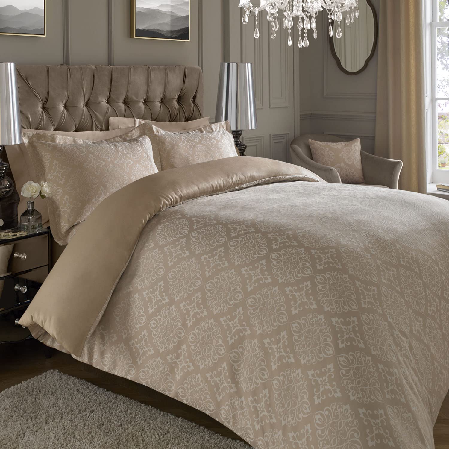 ED Luxury 600 Thread Count Jacquard Duvet Cover 3 Piece Set | Super Soft Cotton Rich & Warm Bedding | Damask Pattern Quilt Cover (Double, Natural Ornamental)