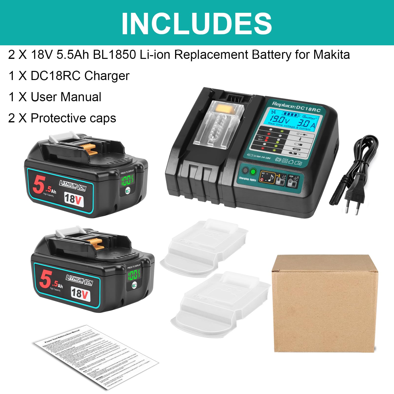 Powarobor 2 Stück BL1850B 18V 5,5Ah Li-ion Ersatz Akku mit DC18RC Ladegerät Starter Kit Kompatibel mit Makita 18V Akkus BL1860 BL1830 DC18RA DC18SD LXT-400 Elektrowerkzeuge 9