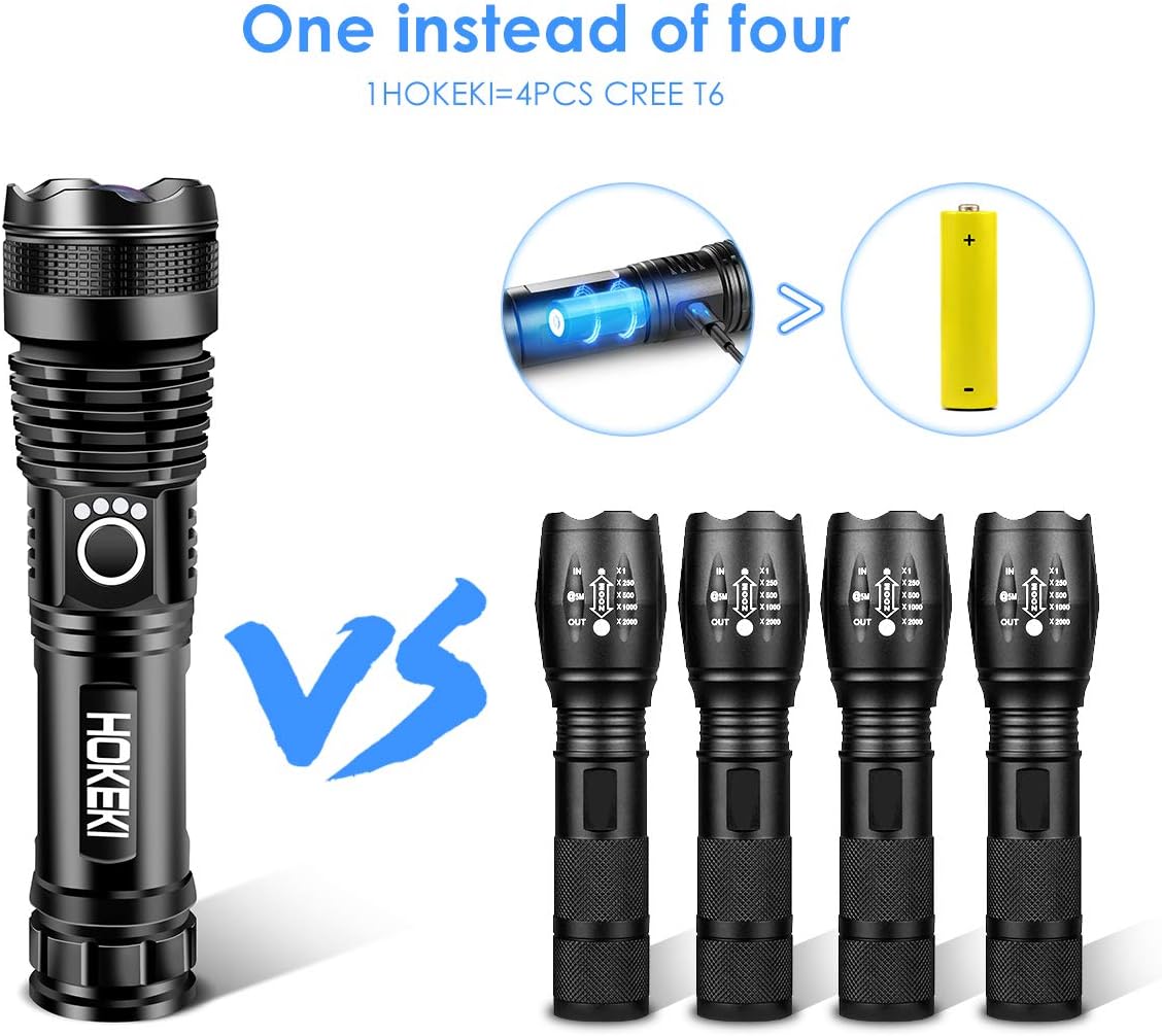 LED Tactical Flashlight, HOKEKI Emergency FlashlightsS1000 - High Lumen, Portable Outdoor Waterproof Handheld Light, USB Rechargeable, 5 Light Modes, Zoomable, Suitable For Camping, Hiking, Gift - - 