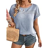 Dokotoo Womens Summer Tops 2026 Crewneck Short Sleeve Hollow Out T-Shirts Casual Loose Solid Color Blouses Shirts