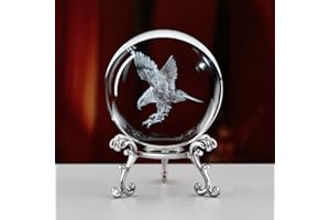 QIANCHANG 3D Engraved Eagle Crystal Ball with Stand Laser Etched Glass Eagle Figurine Carving Crystal Sphere Paperweight(2.4 in)