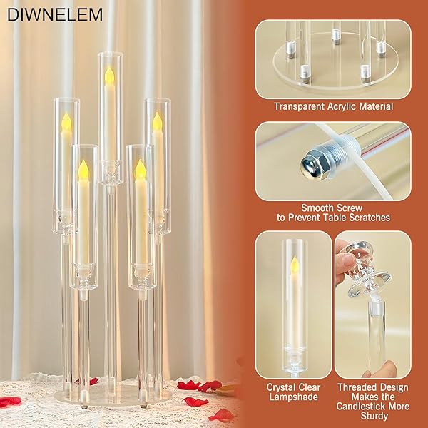 DIWNELEM 4PCS ACRYLIC CANDELABRA CENTERPIECES FOR WEDDING 5 ARM CLEAR CANDLE CANDLESTICKS HOLDERS 25.5″ TALL CRYSTAL TAPER CANDLESTICK WITH SHADE FIT 0.87” LED CANDLE FOR CHRISTMAS PARTY HOME DECOR