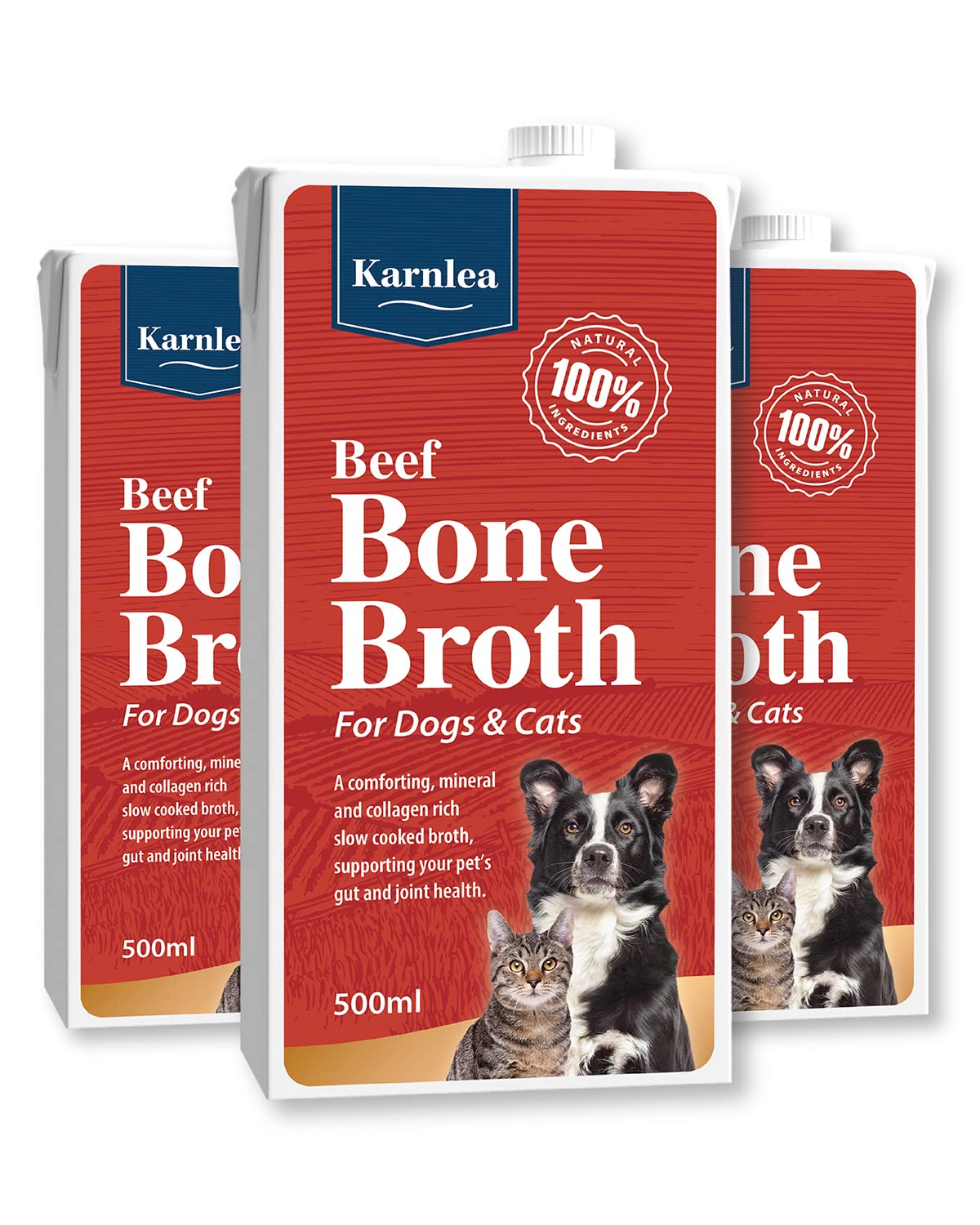 KARNLEA Pets Beef Bone Broth - 3x 500ml | 100% Real & Natural Liquid Bone Broth for Cats & Dogs | Nutritious High in Collagen & Protein for Healthy Joints, Gut, Digestion, Skin & Sickness Recovery