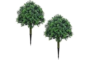 UNADRA Set of 2 Fake Bushes Artificial Shrubs for Outdoors Boxwood Balls Topiary Trees UV Resistant - 23.6'' Faux Plants with Ground Spikes for Spring Front Porch Decor, Easter Decorations for Home