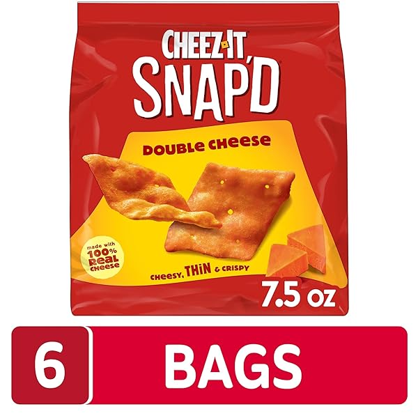 CHEEZ-IT SNAP’D CHEESE CRACKER CHIPS, THIN CRISPS, LUNCH SNACKS, DOUBLE CHEESE, 45OZ CASE (6 BAGS)