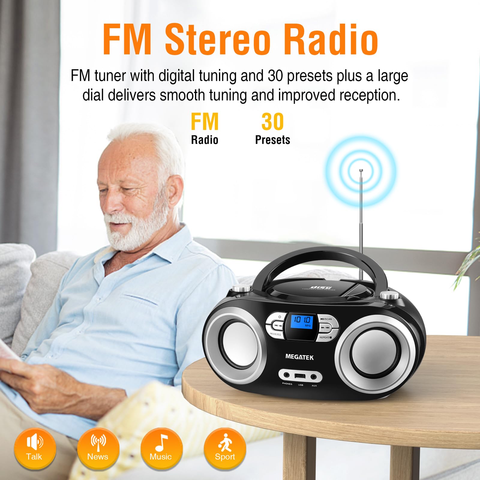 MEGATEK Portable CD Player Boombox With FM Radio, Bluetooth, And USB