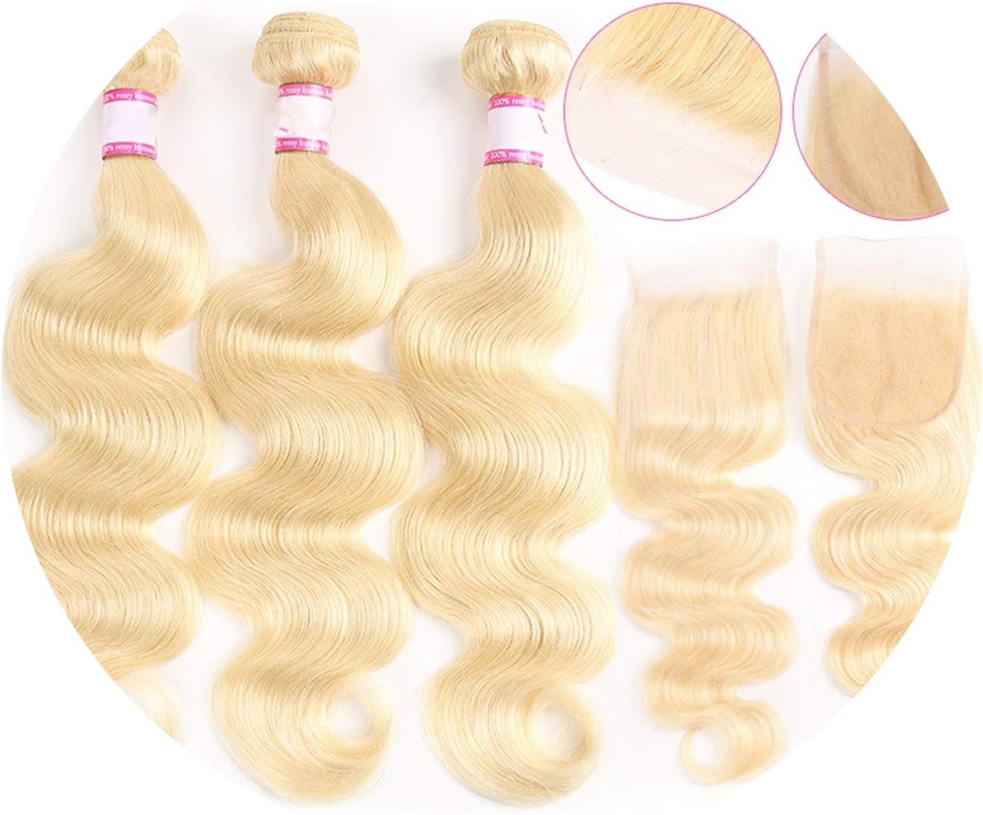 Brazilian Body Wave #613 Blonde Lace Closure with 3 Bundles 100% Human Hair Weaving 613 Bundles with Closure,24 24 24 & Closure20,#613,Middle Part