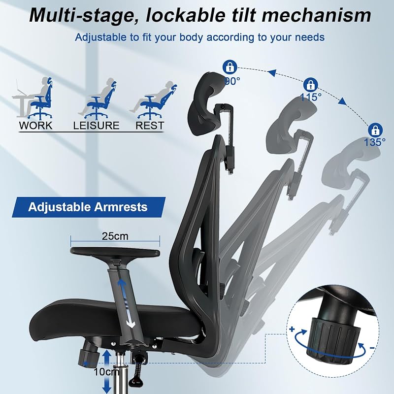 Chaise de bureau ergonomique avec verrouillage d'inclinaison à trois niveaux, chaise pivotante avec appui-tête réglable, accoudoirs et soutien lombaire, chaise de bureau 150 kg