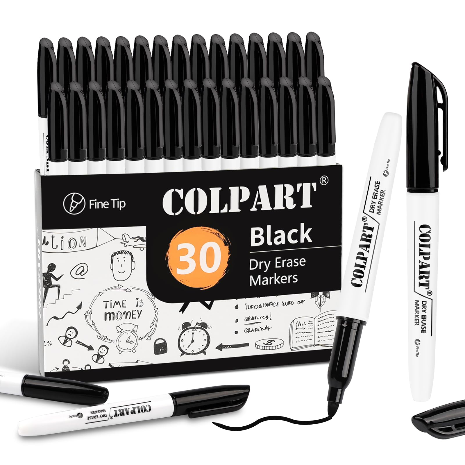 colpart - 30Pack Black Whiteboard Markers Bulk With Low Odor White Board Markers Dry Erase For School, Office, Home, Work On White Board & Calendar, Refrigerator