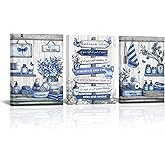 OuElegent Bathroom Wall Art Farmhouse Canvas Navy Blue Wall Decor Rustic Bathroom Rules Paintings Bath Pictures for Washroom Wall Decor Framed(12''x16''x3