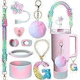 Mity rain 9PCS Cup Accessories for Stanley Cup 30oz 40oz 20oz tumbler with handle - Includes Colorful Water Bottle Handle Strap,Straw Topper,Spill-Proof Stopper,initials Charms,Boot,Pom-Pom Decorate