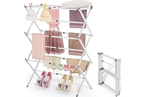 APEXCHASER Clothes Drying Rack Folding - 3 Tier Laundry Drying Rack for Clothes, Expandable Metal Clothing Dryer, Collapsible Towel Rack, Air Drying Rack, White