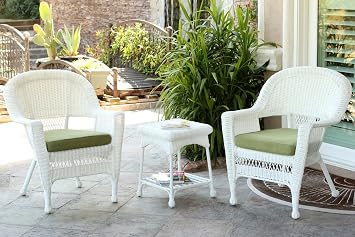 Amazon Com Jeco 3 Piece Wicker End Table Set With With Green Chair Cushion White Furniture Decor