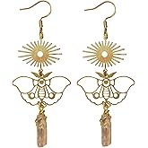 Whimsical Moth Sunburst Dangle Earrings with Angel Aura Quartz Gemstones Crystals Witchy Wiccan Jewelry Handmade Earrings Boho Earrings