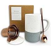 Mora Ceramics Tea Cup with Loose Leaf Infuser, Spoon and Lid, 12 oz, Microwave and Dishwasher Safe Coffee Mug - Rustic Matte Ceramic Glaze, Modern Herbal Tea Strainer - Great Gift for Women, Flint