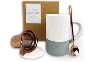 MORA CERAMICS HIT PAUSE Mora Ceramics Tea Cup with Loose Leaf Infuser, Spoon and Lid, 12 oz, Microwave and Dishwasher Safe Coffee Mug - Rustic Matte Ceramic Glaze, Modern Herbal Tea Strainer - Great Gift for Women, Flint