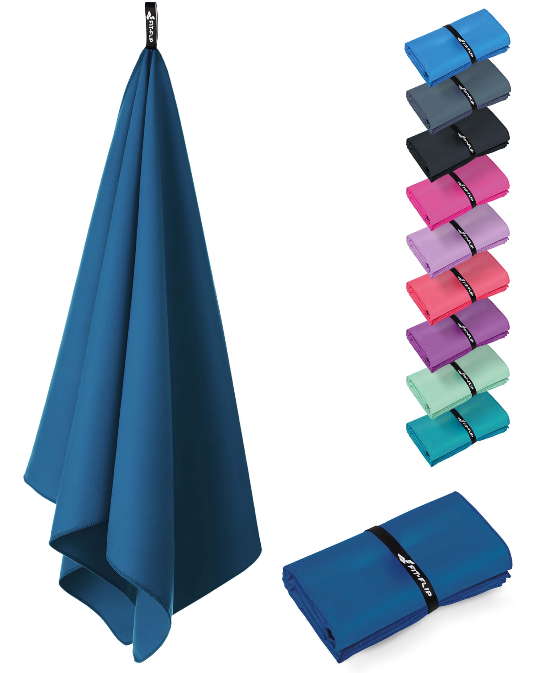 Fit-Flip Swimming towel – quick dry microfibre beach towel - ultra absorbent thin microfiber towels for travel, beach & gym - lightweight swim essentials (200x90cm, Azure Blue)