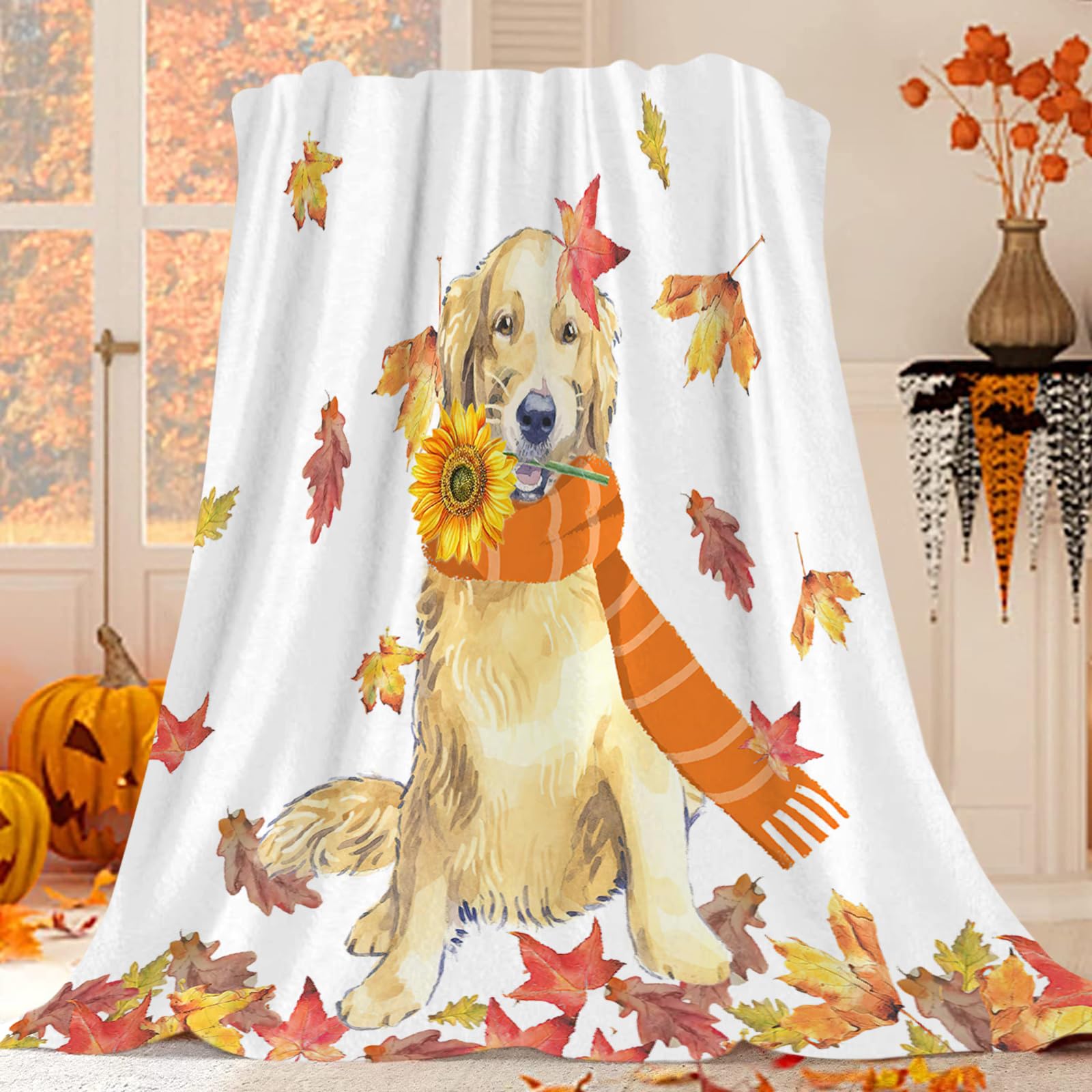 JOOCAR Golden Retriever Throw Blanket Autumn Happy Dog Fall Leaf Blanket Cozy Soft Lightweight Flannel Plush Blankets for Bed Couch Living Room Sofa Chair,60x80 Inch