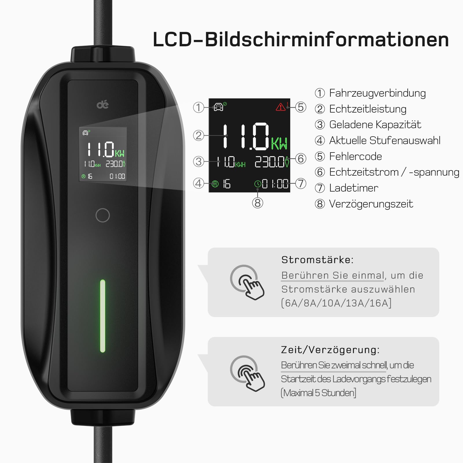 dé Mobile Wallbox/Ladestation 11kW [3-phasig|10m|6-16A] mit Einstellbarer Ladeleistung, Ladekabel CEE 16A auf Typ 2 und EV Ladegerät für Model Y/3, ID.3/4/5, MG4, EX30, e-up, e-tron, Zoe und andere EV