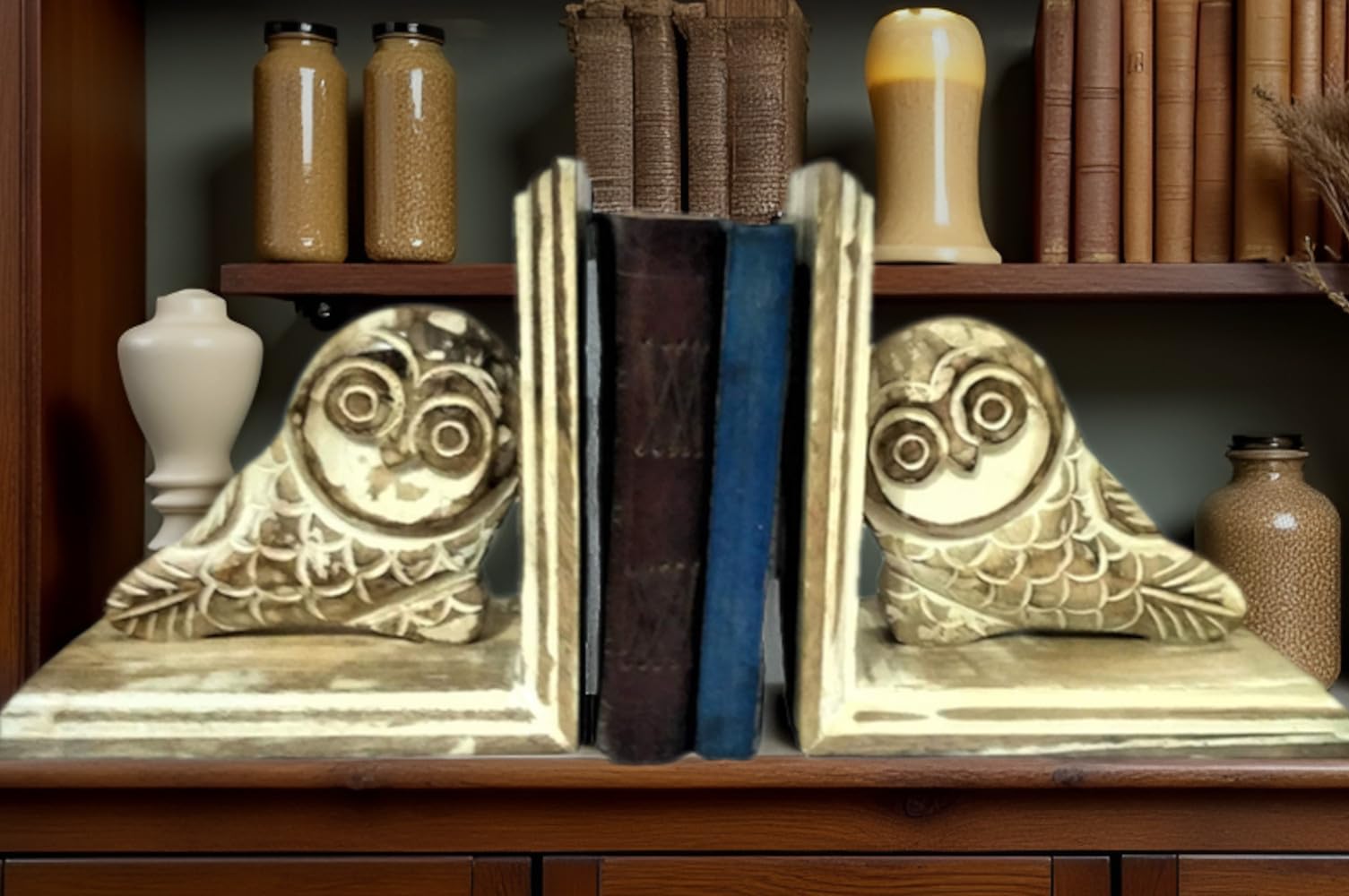 Purpledip Wooden Bookends 'Wise Bird': Unique Decor Bookshelf Organizer Stand Holder Gift for Book Lovers (12044)