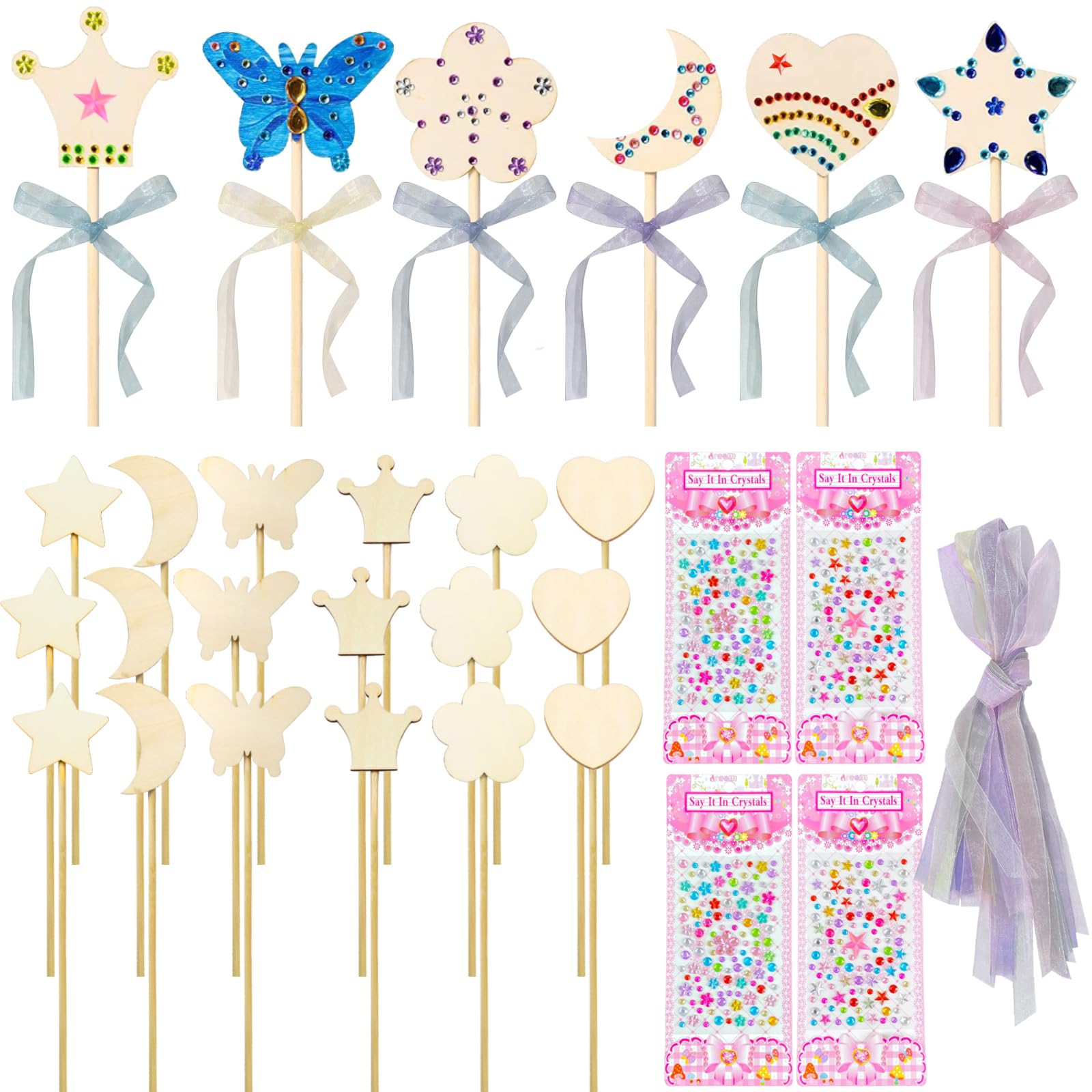 TYXHXTF Fairy Wands, Princess Fairy Wands Kit, DIY Magical Wand, DIY Crafts, Craft Kits, Unfinished Wooden, with Gem Stickers, Arts Crafts, Gifts for Girls, for Birthday Halloween Party (18)