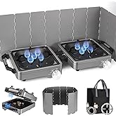 2-Burner Portable Propane Camping Stove, 24000 BTU Foldable Gas Stove Equipped with Windshield, Independently Adjustable Burn